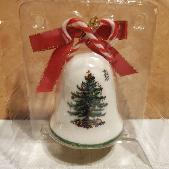 Vintage Spode Christmas Tree Bell Ornament With Red Ribbon England NOS Santa - Picture 3 of 7
